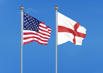 United States of America vs England. Thick colored silky flags of America and Estonia. 3D illustration on sky background. - Illustration