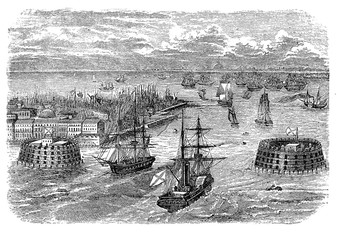Kronstadt military harbor near St. Petersburg with the defensive round fortresses for the soldier garrisons.