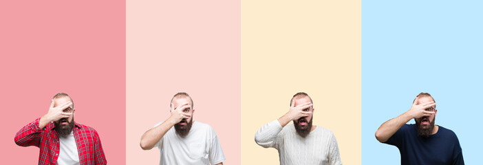 Collage of young man with beard over colorful stripes isolated background peeking in shock covering face and eyes with hand, looking through fingers with embarrassed expression.