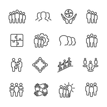 Vector set of team work line icons.