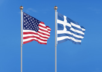 Obraz premium United States of America vs Greece. Thick colored silky flags of America and Greece. 3D illustration on sky background. - Illustration