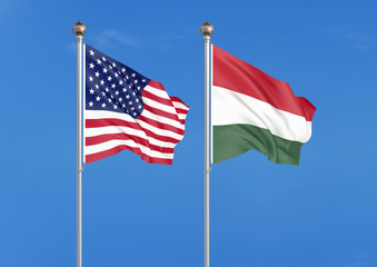 United States of America vs Hungary. Thick colored silky flags of America and Hungary. 3D illustration on sky background. - Illustration