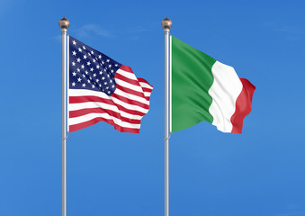 United States of America vs Italy. Thick colored silky flags of America and Italy. 3D illustration on sky background. - Illustration