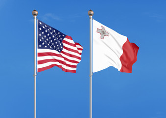 United States of America vs Malta. Thick colored silky flags of America and Malta. 3D illustration on sky background. - Illustration