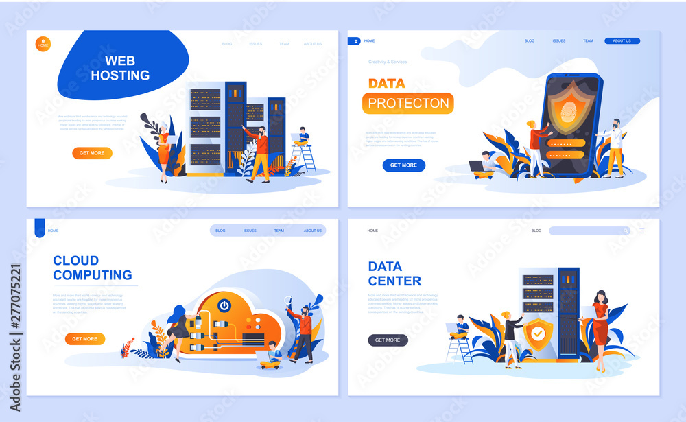 Wall mural set of landing page template for hosting, data protection, data center, cloud computing. modern vect