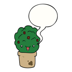 cartoon shrub in pot and speech bubble