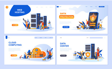 Set of landing page template for Hosting, Data Protection, Data Center, Cloud Computing. Modern vector illustration flat concepts decorated people character for website and mobile website development.
