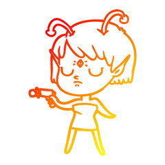 warm gradient line drawing cartoon alien girl