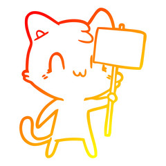 warm gradient line drawing cartoon happy cat with blank sign