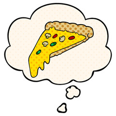 cartoon pizza slice and thought bubble in comic book style