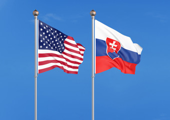United States of America vs Slovakia. Thick colored silky flags of America and Slovakia. 3D illustration on sky background. - Illustration