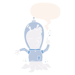 cartoon alien and speech bubble in retro style