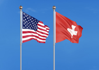 United States of America vs Switzerland. Thick colored silky flags of America and Switzerland. 3D illustration on sky background. - Illustration
