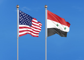 United States of America vs Syria. Thick colored silky flags of America and Syria. 3D illustration on sky background. - Illustration