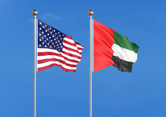 United States of America vs United Arab Emirates. Thick colored silky flags of America and United Arab Emirates. 3D illustration on sky background. - Illustration