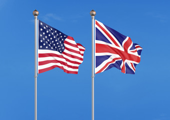 United States of America vs United Kingdom. Thick colored silky flags of America and United Kingdom. 3D illustration on sky background. - Illustration