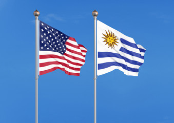 United States of America vs Uruguay. Thick colored silky flags of America and Uruguay. 3D illustration on sky background. - Illustration