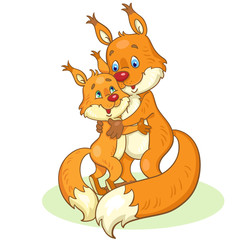 Squirrel mother and her child are hugging. In cartoon style. Isolated on white background.