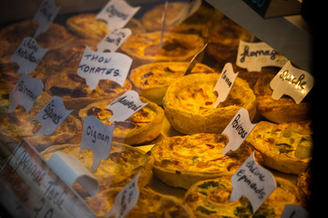 quiches in a shop window