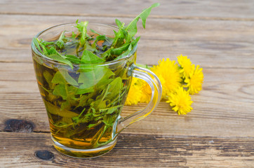 Cup of tea from fresh dandelion leaves. 