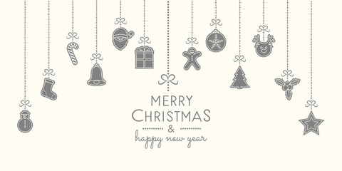 Concept of Christmas card with hanging ornaments. Vector.