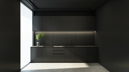 Kitchen Design Modern & Minimal Black wall,Concrete floor,Floating cabinet,Black cabinet,Black counter top ,Black ceiling- 3D render