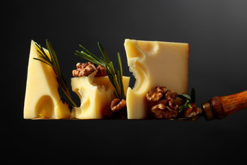  Maasdam cheese with walnuts and rosemary on a black background.