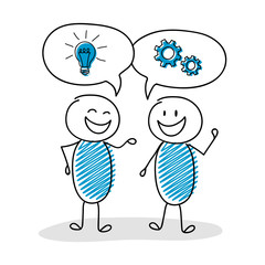 Talking stickmen with speech bubbles and business icons. Vector