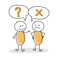 Talking stickmen with speech bubbles and business icons. Vector