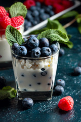 Cottage cheese with cream, raspberry and blueberry garnished with fresh mint.