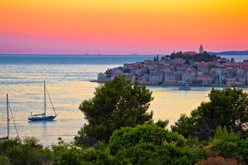 Adriatic tourist destination of Primosten archipelago sunset view