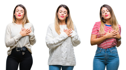 Obraz premium Collage of young beautiful woman over isolated background smiling with hands on chest with closed eyes and grateful gesture on face. Health concept.