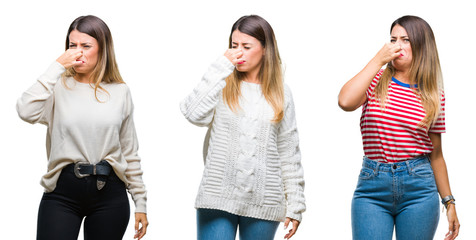 Collage of young beautiful woman over isolated background smelling something stinky and disgusting,...