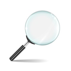 Magnifying glass. Transparent realistic zoom lens isolated on white background. Vector 3D loupe tool, research detective concept magnify business