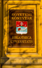 BUDAPEST, HUNGARY - NOVEMBER 18, 2016: View of the sign at the entrance of the University Library.