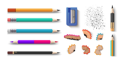 Realistic pencils. 3D colored school stationery with sharpener and shavings. Vector set isolated wooden graphite sharpened pencils with rubber of different size