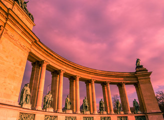 Beautiful sunset over the famous Heroes Square (Hosok Tere) in Budapest, Hungary
