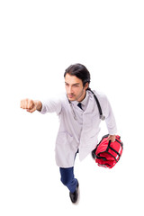 Young male doctor paramedic isolated on white 