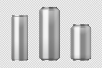 Beer can mockup. Realistic aluminum metal can for soda, different types of blank can with copy space. Vector isolated steel boxes storage set - obrazy, fototapety, plakaty