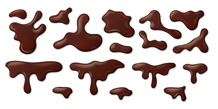 Realistic melted chocolate. Liquid drips and splashes of dark brown syrup on white background. Vector isolated 3D chocolate paint dripping liquid