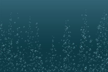 Bubbles underwater texture. Fizzy sparkles in water, sea, aquarium, ocean. Vector illustration soda air bubbles into drinks on blue background