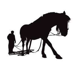 Silhouette of country man plowing by horse.