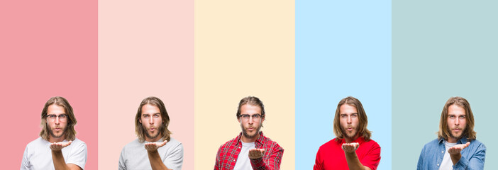 Fototapeta premium Collage of young handsome man over colorful stripes isolated background looking at the camera blowing a kiss with hand on air being lovely and sexy. Love expression.