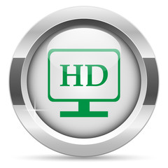 HD video icon.White metal internet button. Glass with green icon, vector.