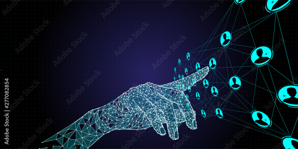 Fototapete Low polygon hand working global structure networking and data exchanges customer connection with new computer Ui.