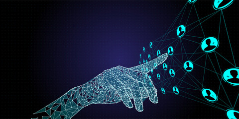 Low polygon hand working global structure networking and data exchanges customer connection with new computer Ui.