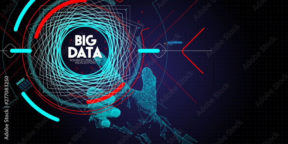 Leinwandbilder Low polygon Hand touching Big data avanced technology and visualization with Fractal element with lines and dots array.