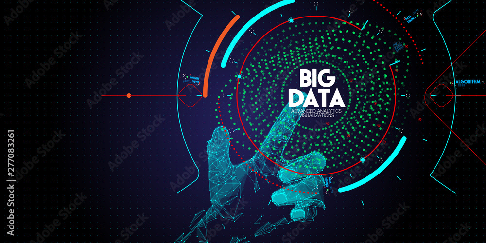 Leinwandbilder Low polygon Hand touching Big data avanced technology and visualization with Fractal element with lines and dots array.