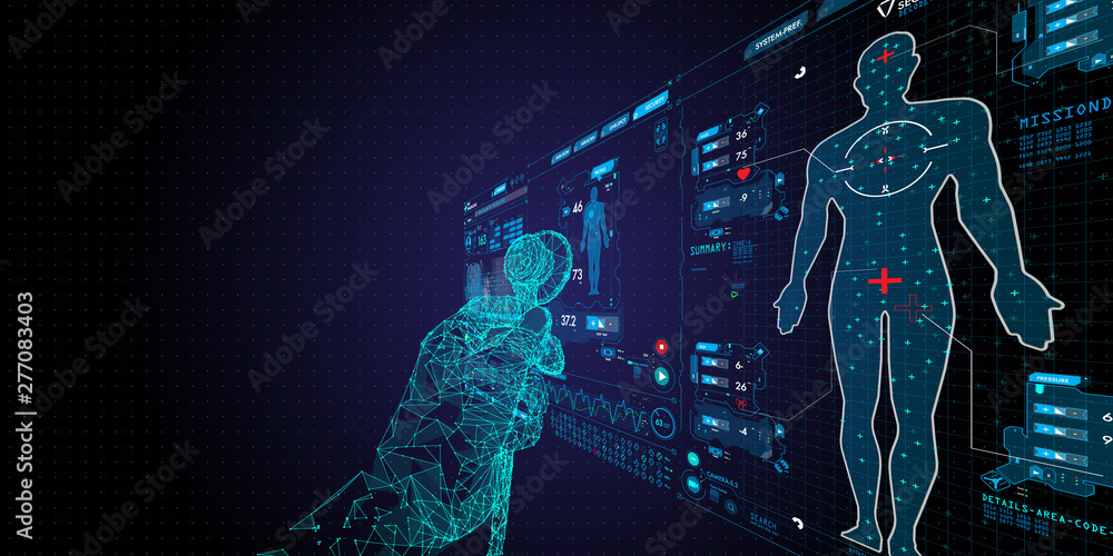 Aufkleber low polygon doctor hand with stethoscope and ui icon medical in hospital with medical technology net