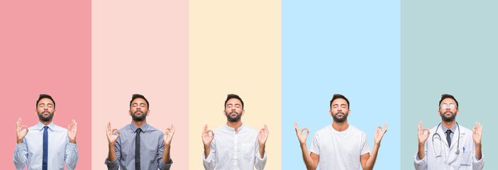 Collage of handsome man over colorful stripes isolated background relax and smiling with eyes closed doing meditation gesture with fingers. Yoga concept.